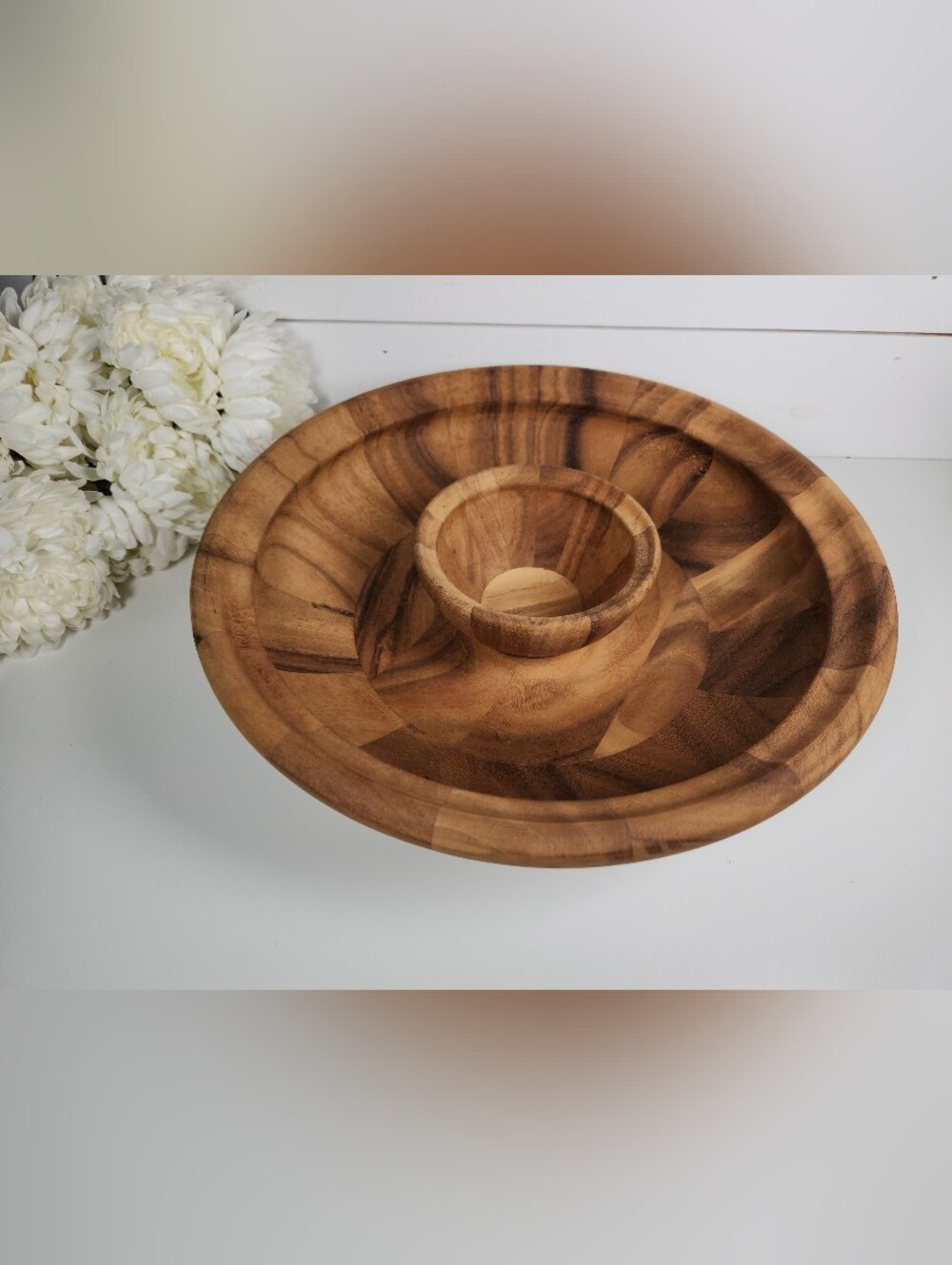 Large Hand Crafted Wood Chip and Dip Serving Bowl 16" | Wooden Veggie & Dip Tray